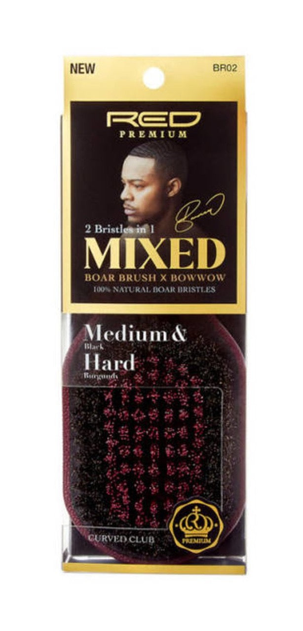 Red Premium Mixed Boar Brush X Bow Wow 2 Bristles in 1 Curved Club - Black/burgundy