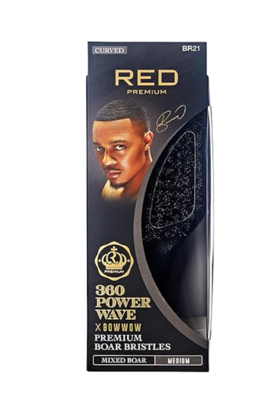 Red Premium 360 Power Wave x Bow Wow Premium Boar Bristles (Curved) (Mixed Boar) (Medium) - BR21