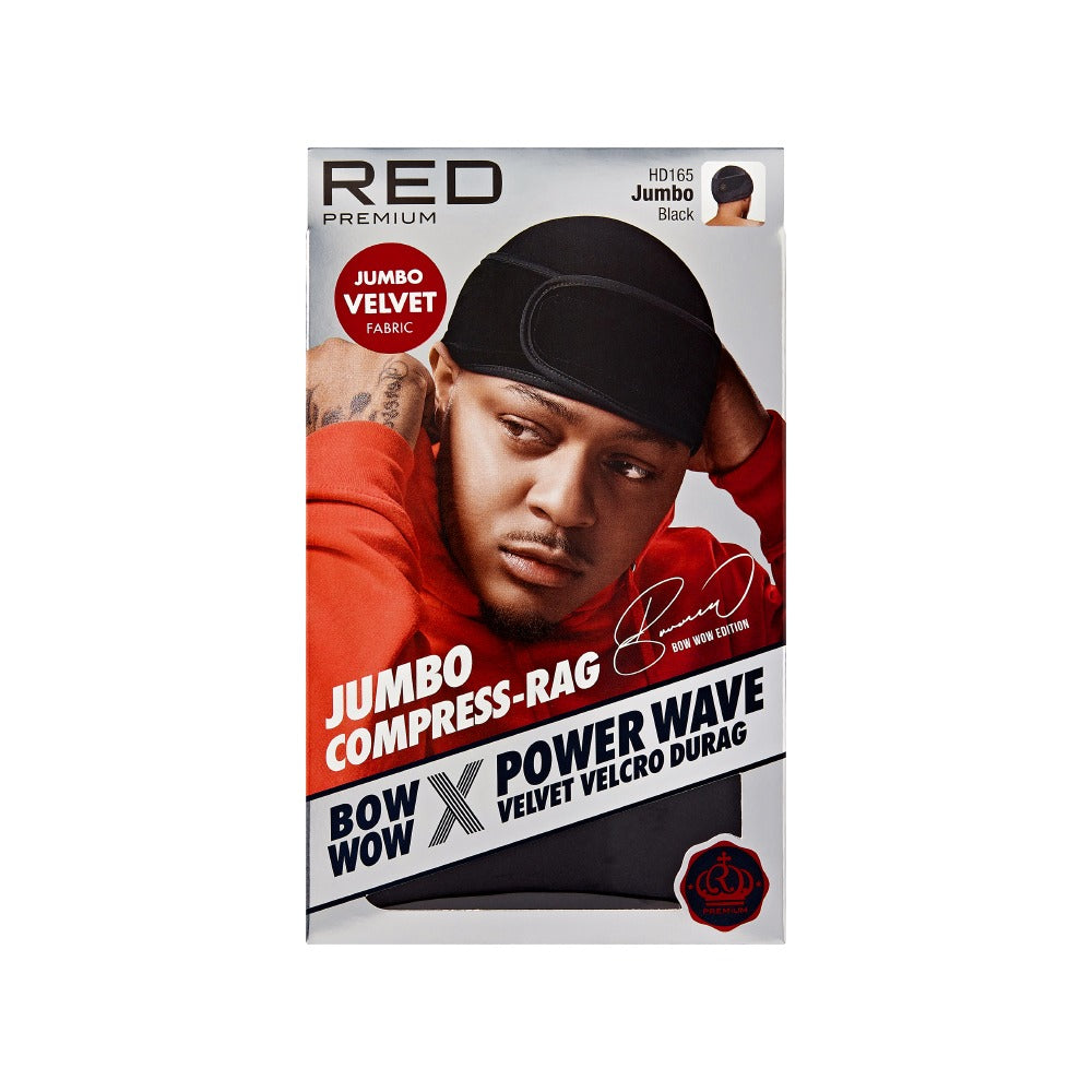 RED Premium Jumbo Velvet Fabric Bow Wow X Power Wave Velvet Velcro Durag - Black