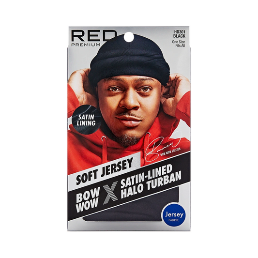 Red Premium Soft Jersey Bow X Satin Lined Halo Turban (Black)