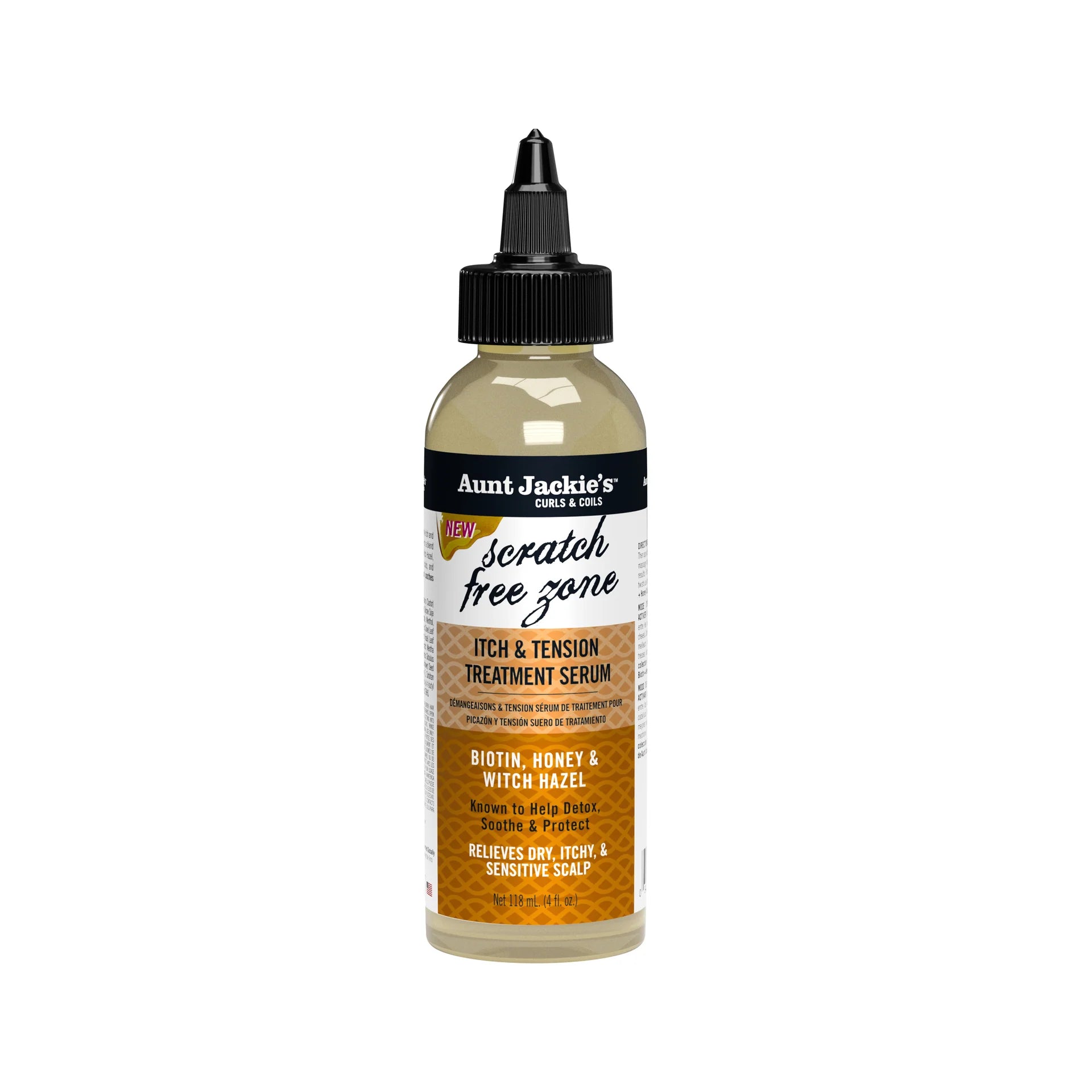 Aunt Jackie's Curls & Coils Scratch Free zone Itch & Tension Treatment Serum biotin, Honey & Witch Hazel - 4 fl oz