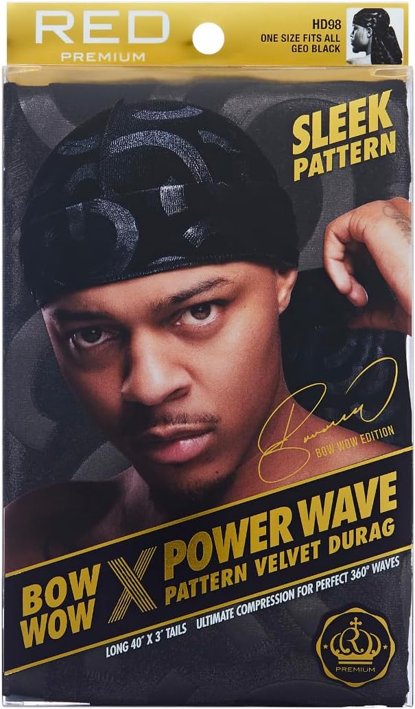 Red Premium Sleek Pattern Bow Wow X Power Wave Pattern Velvet Du-rag (Geo-Black)