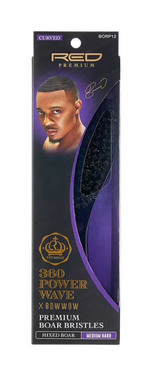 Red Premium 360 Power Wave x Bow Wow Premium Boar Bristles (Curved) (Mixed Boar) (Medium Hard) - BR25