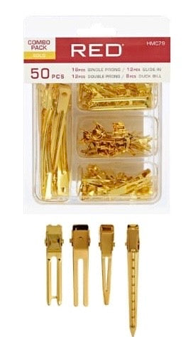 Red Combo Pack {Gold} 50 Pcs | 18 Pcs Single Prong | 12 Pcs Double Prong | 12 Pcs Slide-in| 8 Pcs Duck Bill