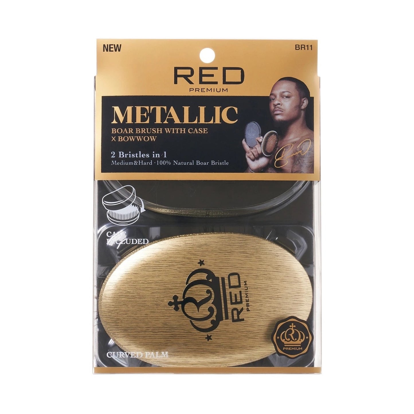 Red Premium Metallic Boar Brush with Case X Bow Wow 2 in 1 - Curved Palm