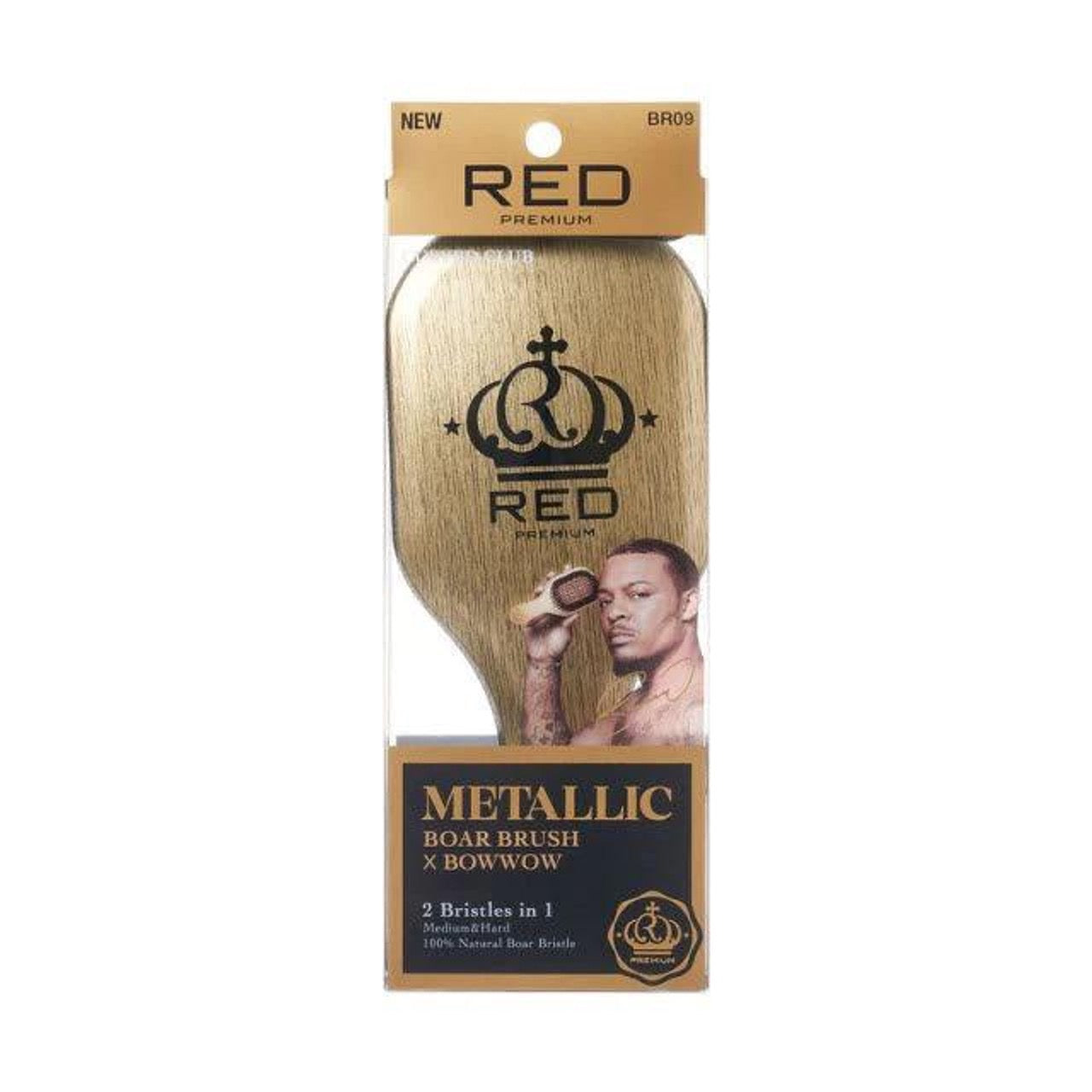 Red Premium Metallic Boar Brush X Bow Wow 2 Bristles in 1 - Curved Palm - BR09