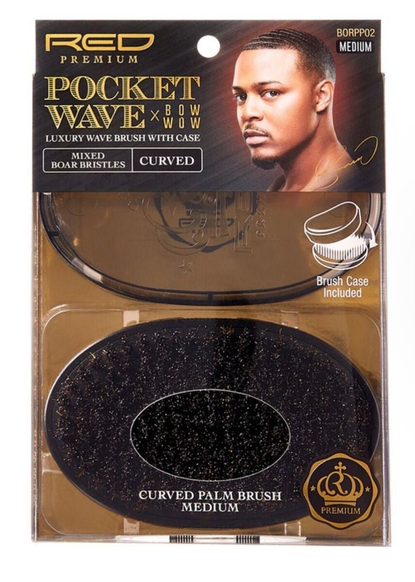 Red Premium Pocket Wave brush with case mixed boar bristles  - Medium - BR32