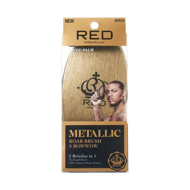 Red Premium Metallic Boar Brush X Bow Wow 2 bristles in 1 - Curved Palm - BR08