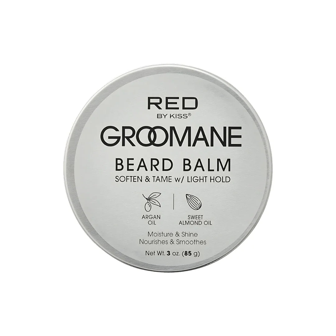 Red GROOMANE Beard Balm Soften & Tame w/Light hold (sandalwood) - 3 oz