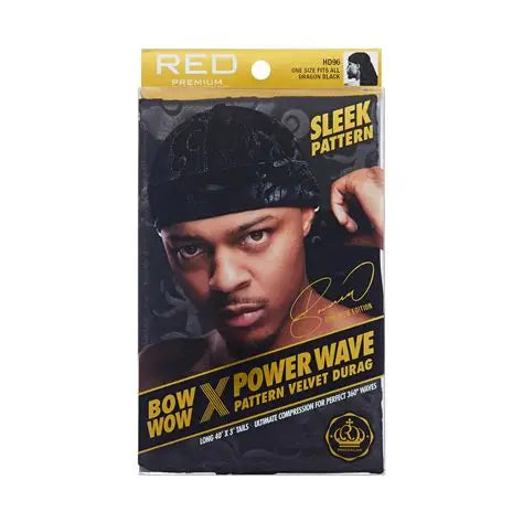 Red Premium Bow Wow X Power Wave Pattern Velvet Dur-rag (Sleek Pattern) (Dragon Black )
