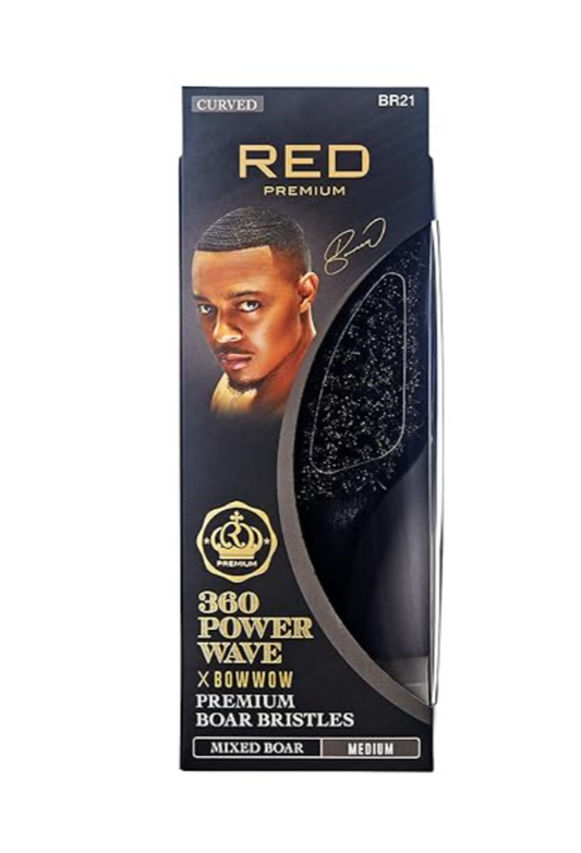 Red Premium 360 Power Wave x Bow Wow Premium Boar Bristles (Curved) (Mixed Boar) (Medium) - BR21