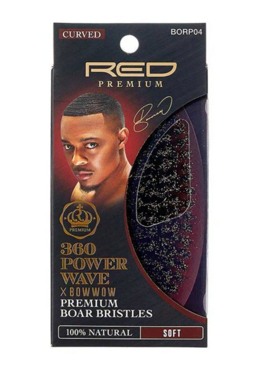 Red Premium 360 Power Wave x Bow Wow Premium Boar Bristles (Curved) (100% Natural) (Soft) - BR17