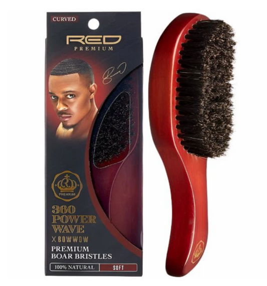 Red Premium 360 Power Wave x Bow Wow Premium Boar Bristles (Curved) (100% Natural) (Soft) - BR18