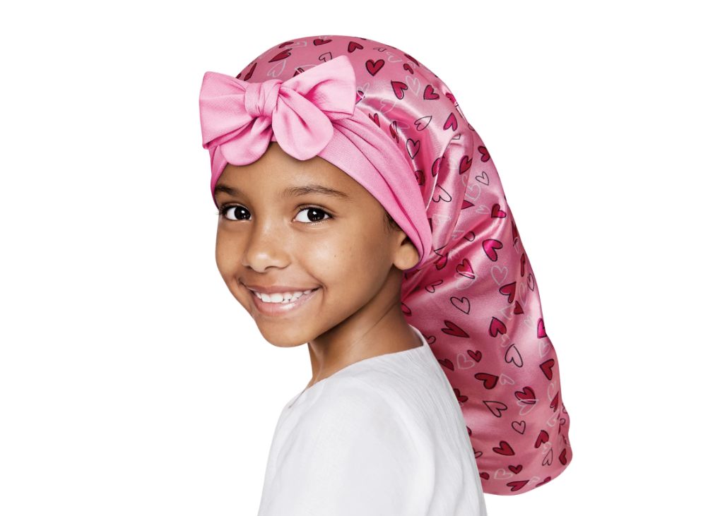 Red Kids satin Adjustable Tie Braid Bonnet (Hearts)