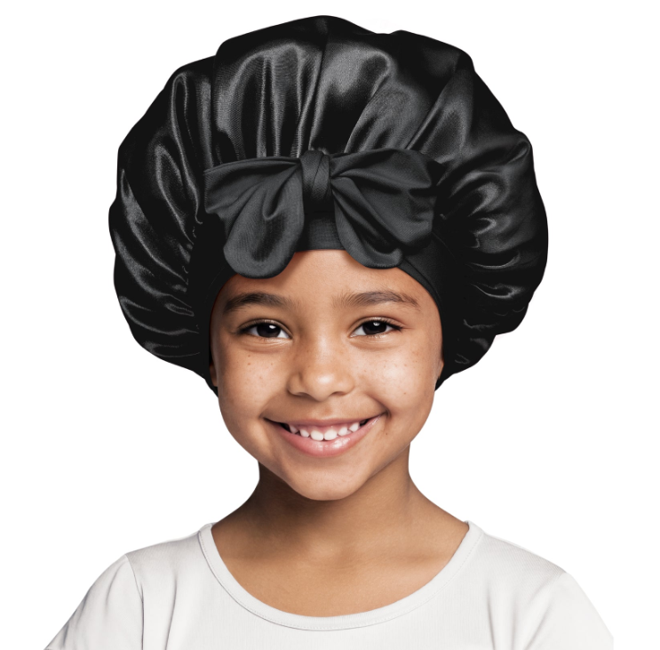 Red Kids Satin Adjustable Tie Bonnet (Black)