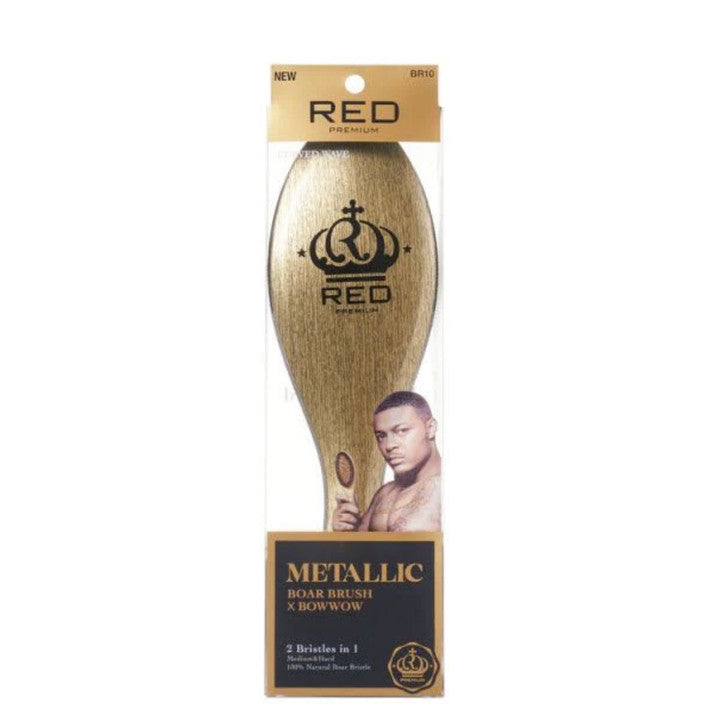 Red Premium Metallic Boar Brush X Bow Wow 2 Bristles in 1 - Curved Palm - BR10