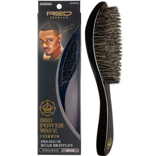 Red Premium 360 Power Wave x Bow Wow Premium Boar Bristles (Curved) (Mixed Boar) (Medium) - BR22