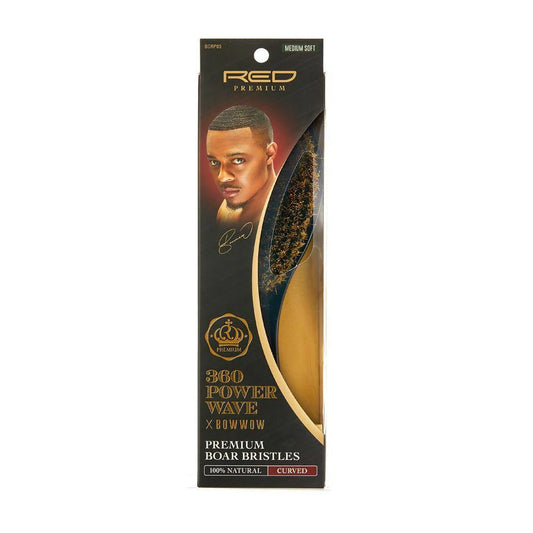 Red Premium 360 Power Wave x Bow Wow Premium Boar Bristles (Curved) (100% Natural) (Medium Soft) - BR16